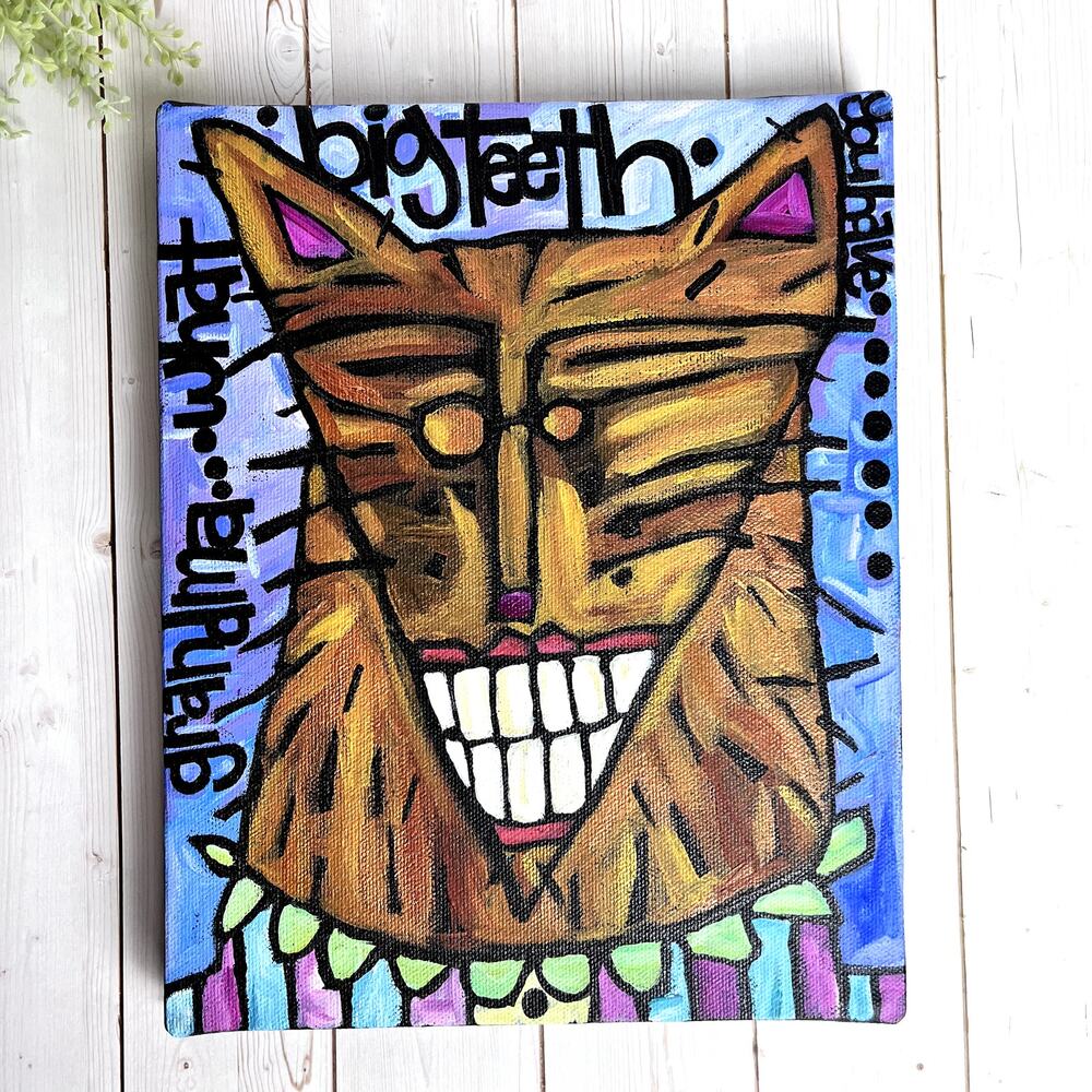 Vibrant Stylized Painting Smiling Wolf Grandma Pajamas Big Teeth VTG Signed